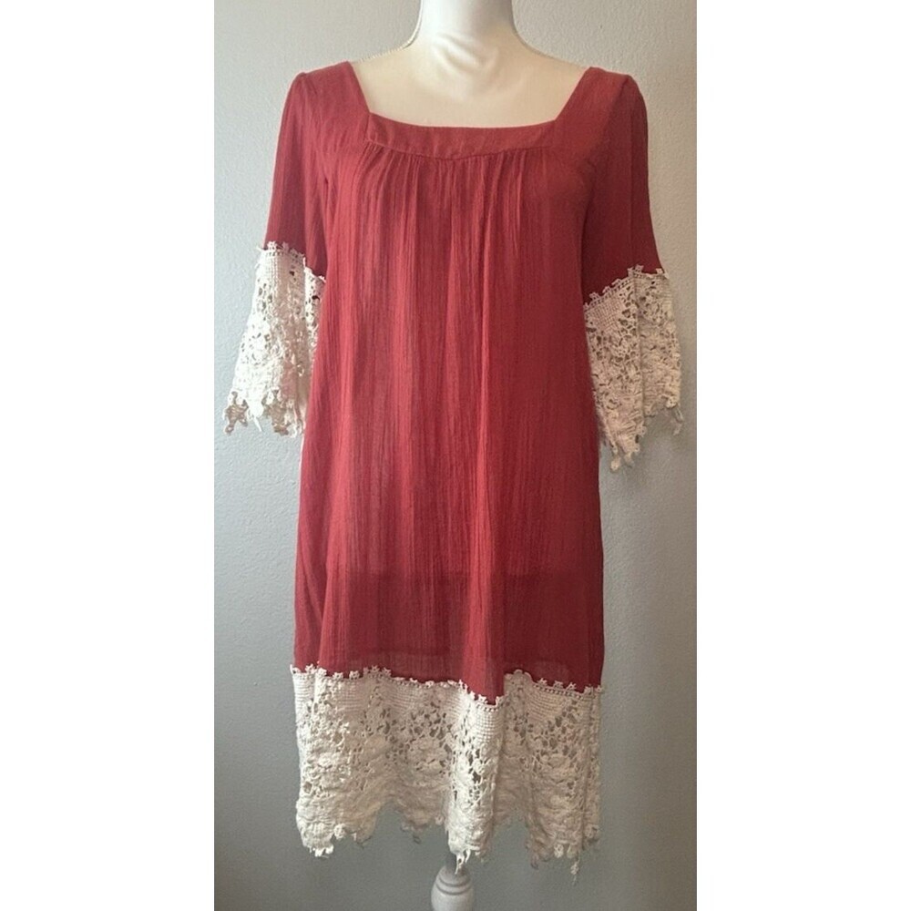 Umgee Boho Crochet Lace Trim Tunic Dress Red Size Medium